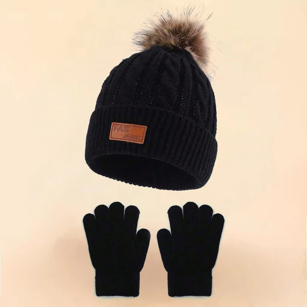 Confezione da 2 cappelli e guanti in maglia caldi per bambini, con un'unica pallina; Adatti per attività all'aperto in autunno e in inverno