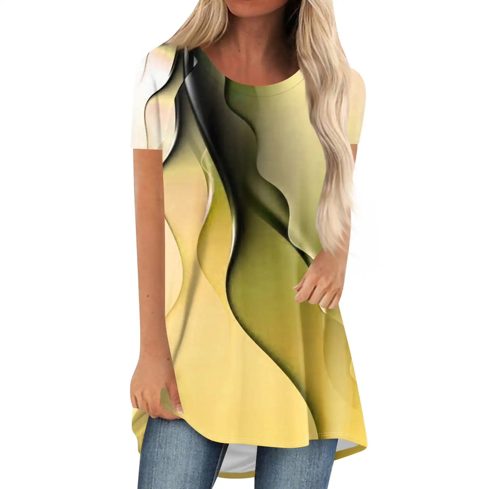 추상 그래픽 3D 프린트 롱 티셔츠 여성 패션 오버사이즈 반팔 티셔츠 스트리트웨어 Y2K 탑 티셔츠 여성 의류