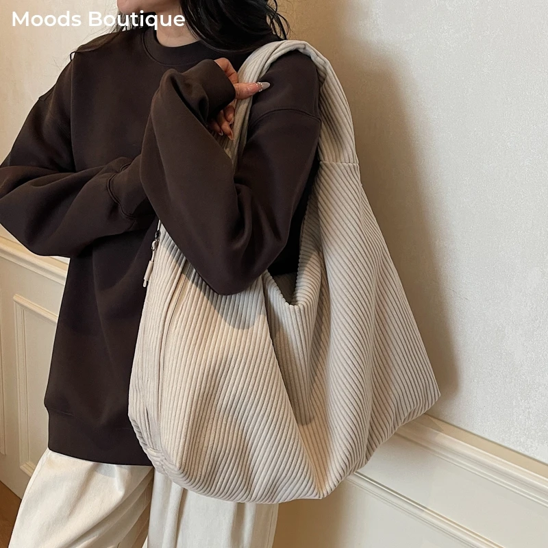 

Oversized Women's Shoulder Hobo Bags Corduroy Fabric Pure Color Handbags Multi Pockets Large Capacity Shopping Travelling Totes