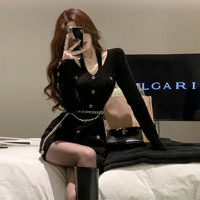 

2024 Autumn New Women Knitting Dress Sexy Mature Halter Neck Long Sleeve High Waist Slim A Line Mini Bodycon Dresses Vestidos