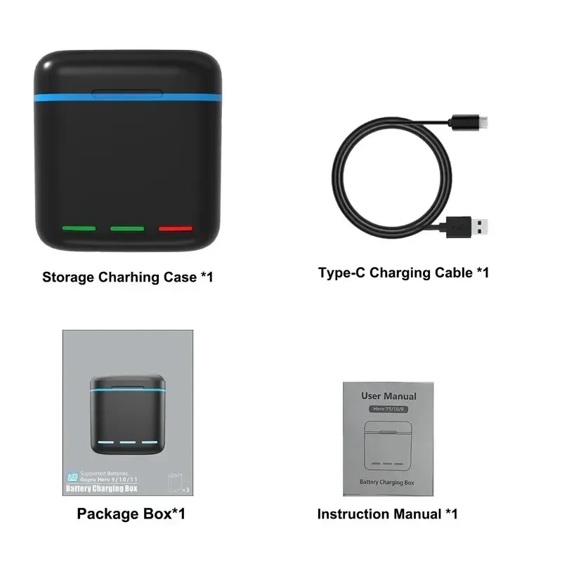 

2000mAh Battery Charger For GoPro Hero 12 /11/10 /9 with Storage Fast Charging Charger Action Camera Accessories