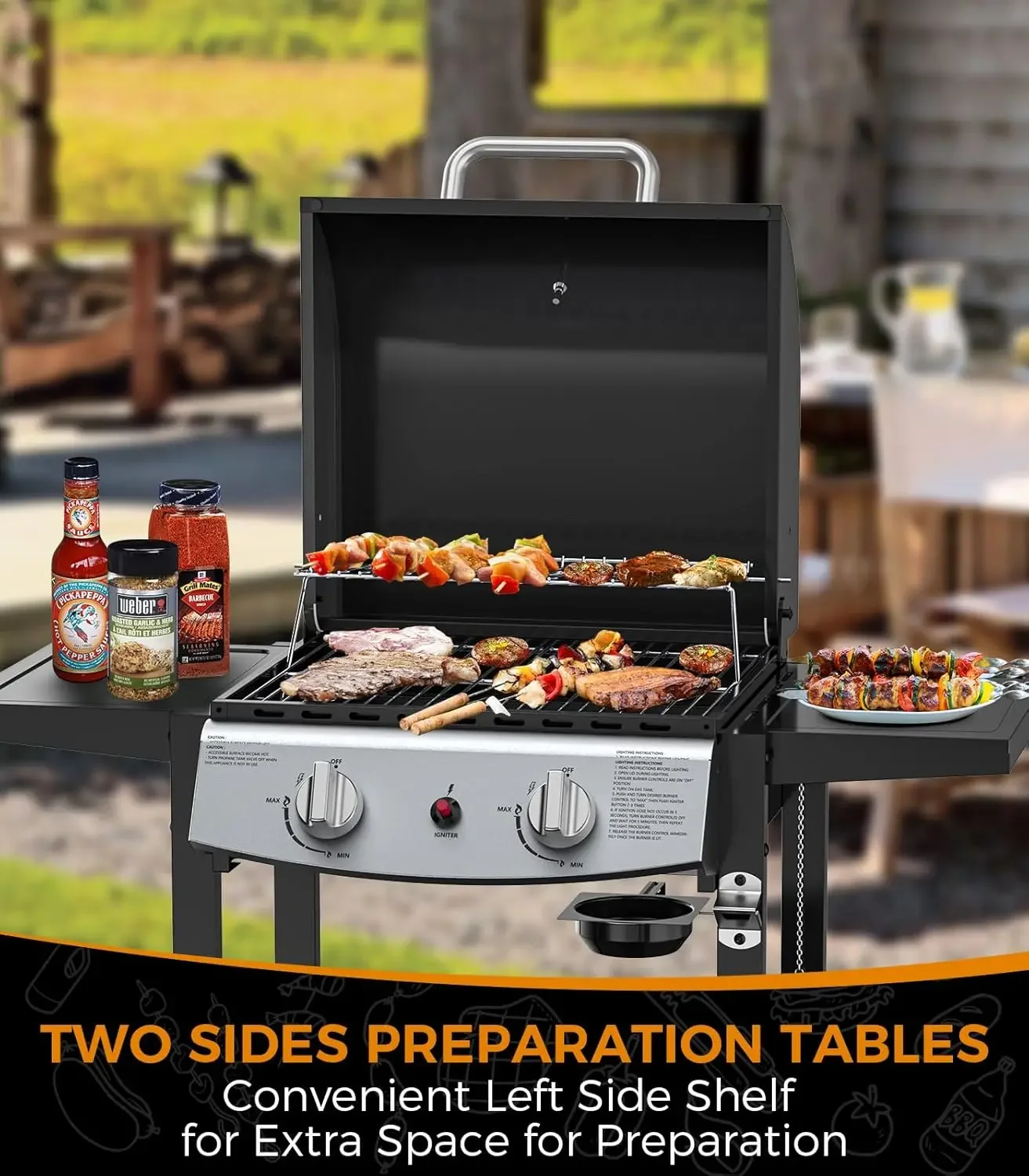 

2 Burner BBQ Propane Gas Grill, 20,000 BTU Stainless steel Gas Grill with Two Side Storage Shelves,Barbecue Gas Grill