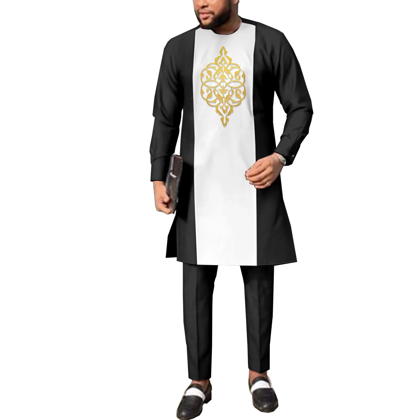 

SEA&ALP Mens African 2 Piece Set Metallic Traditional Suit Gold Stamp Printed African Dashiki Shirt and Pants Outfit