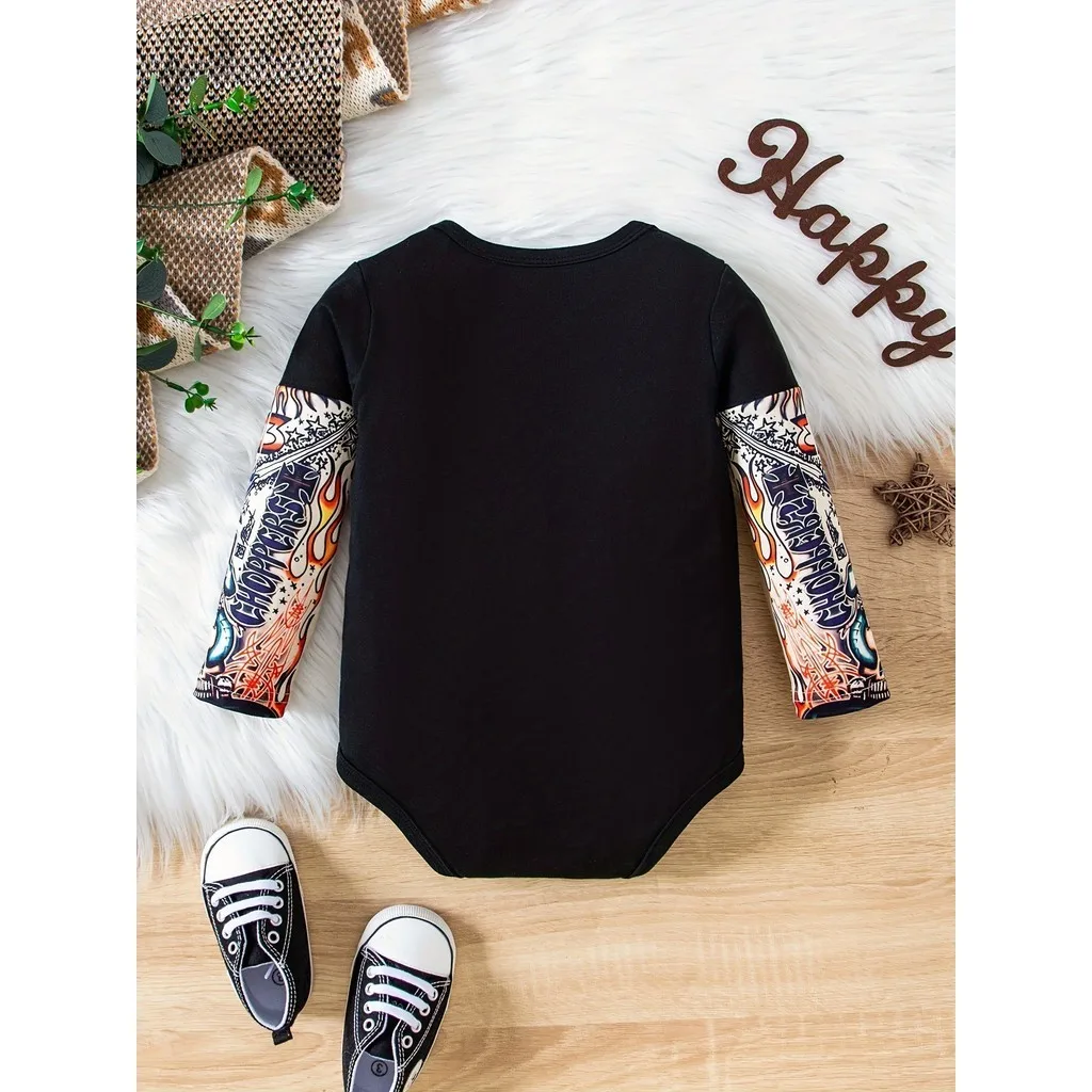 0-18 Months Newborn Baby Boy Bodysuit Graffiti Long Sleeved Triangular Jumpsuit Spring&Autumn Daily Casual Clothing for Toddler