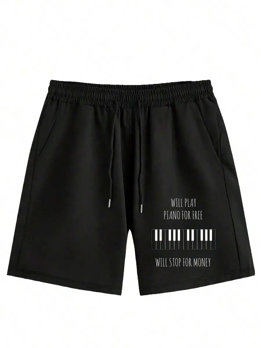 

Mens Funny Piano Keyboard Print Shorts Casual Drawstring Waist Polyester Shorts For Daily Wear
