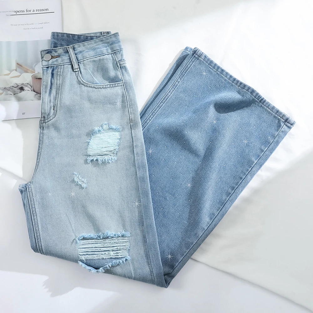 Gradient Blue Ripped Holes Jeans for Women 2025 Summer High Waist Straight Loose Denim Pants Shiny Diamond Girls Wide Leg Pants