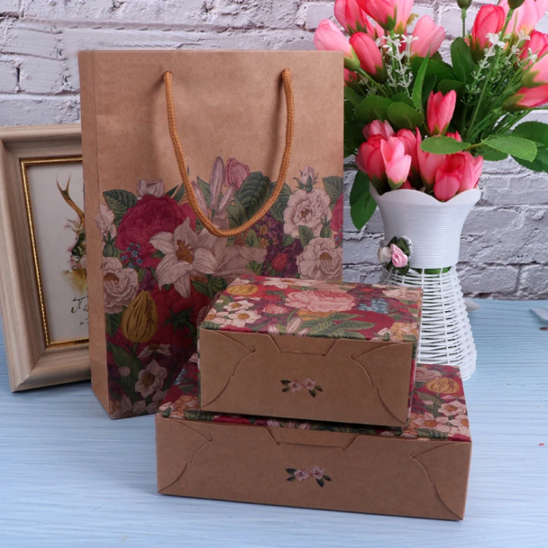 

10pcs Kraft Paper Bag With Handle Flower Folding Packaging Wedding Gift Biscuit Candy Baking DIY Box Cake Dessert Decor cookie