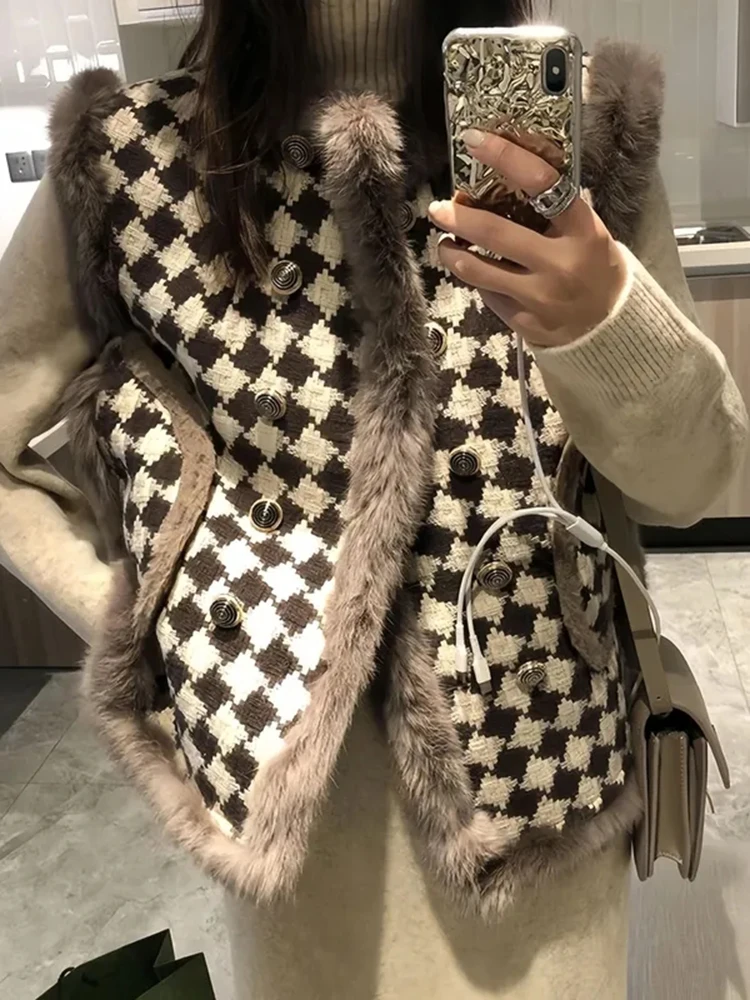 

Plaid Vintage Women Vest Small Fragrance Button Fur Collar Patchwork Loose Tanks Fall Winter Plush Warm Casual Elegant Coats New