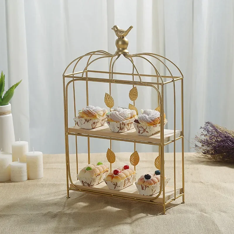

-Double Birdcage Wooden Dessert Table Ornament Cold Food Tray Cake Display Stand Buffet Snack Rack Wrought Iron Cake Stand
