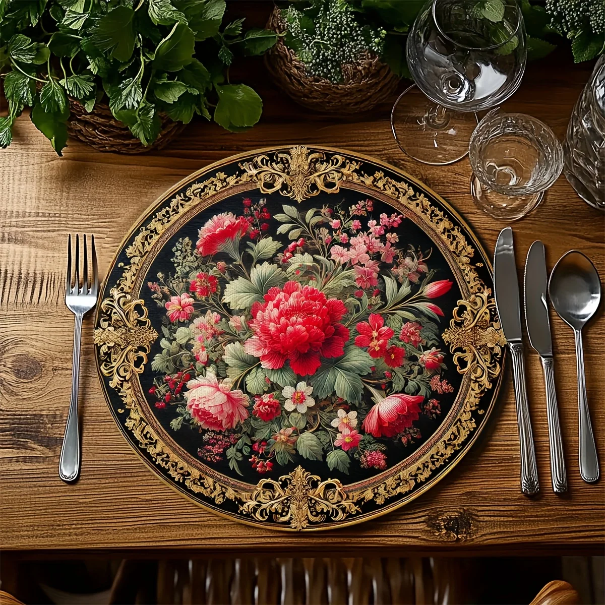 VIKAMA 4PC Black Gold Light Luxury Meal Mat Anti scald Mat Red Powder Flower Table Decoration and Accessories