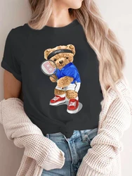 Tennis Badminton Bear Tshirt for Men Women New Arriva  Bear Cartoon Custom Women Tee Shirt Camisa Graphic Hops Tee Ropa Hombre