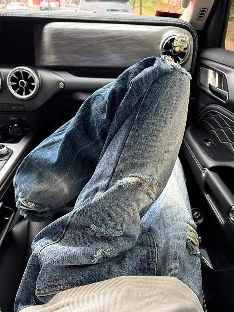 กางเกงยีนส์เดนิมทรงขาบานสไตล์เรโทรอเมริกันลายสายฟ้า สำหรับผู้ชายและผู้หญิง  แบบลำลองสำหรับคู่รัก