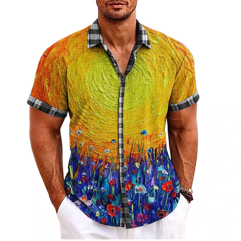 Camisa havaiana de manga curta masculina, estampada, lapela de folhas, estilista de rua, camisa casual macia, 5XL, 2023