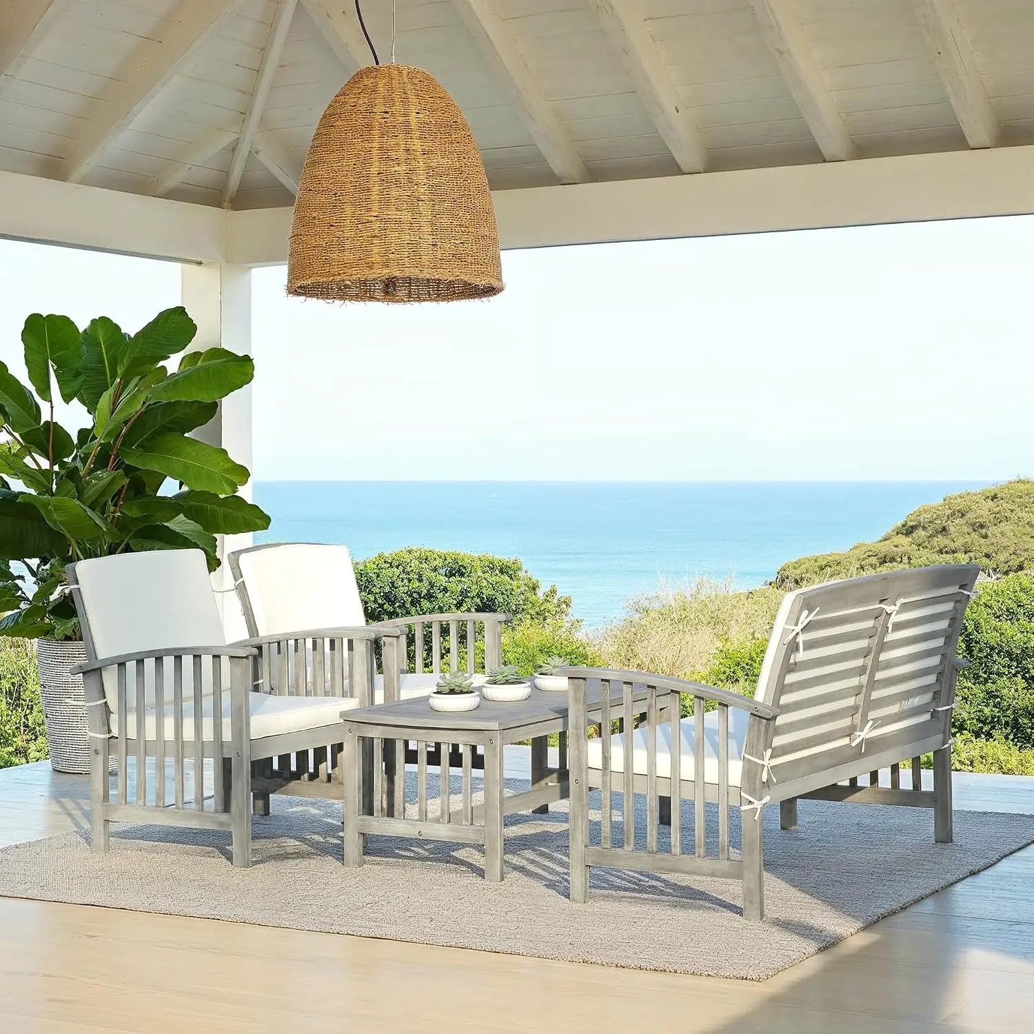 Outdoor Patio Conversation Set 4-Piece Grey Wash Beige Cushioned Sofa Chair Table, Customized