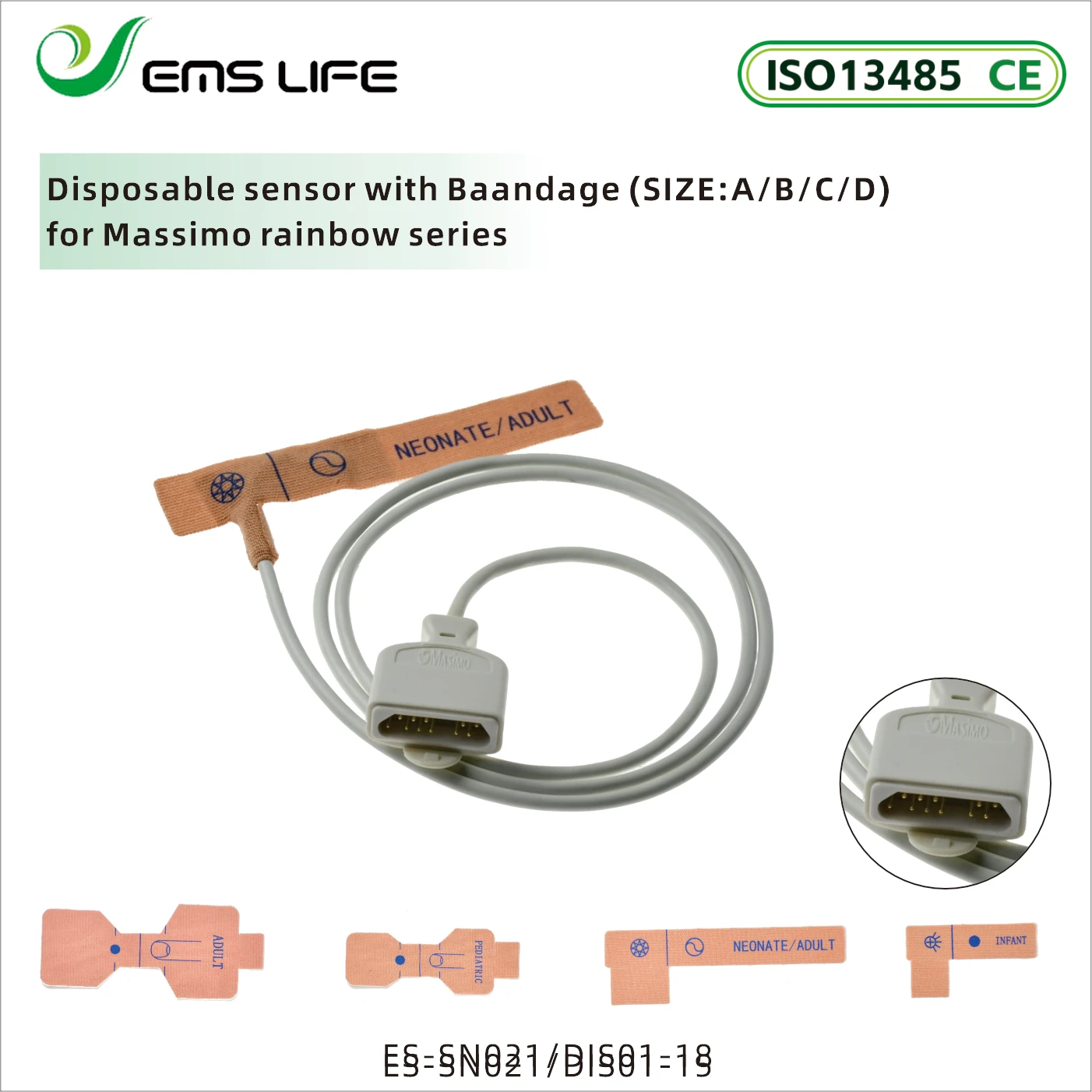 Single Use Compatible Masi-Rainbow R1 R25 Adult Neonate Oxygen SPO2 Sensor