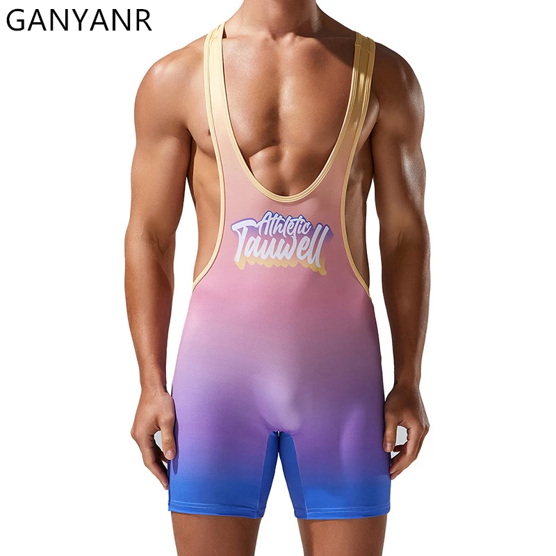 GANYANR Men Sports Set Power Lifting Singlet Wrestling Suits Training Weight Fitness Sweatsuit Leotard Body Tracksuits Summer