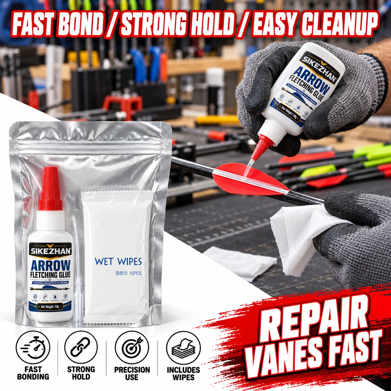 50g Fast Bonding Arrow Fletching Glue with 10 Cleaning Wipes, Archery Adhesive for Feather Vanes Installation and Repair
