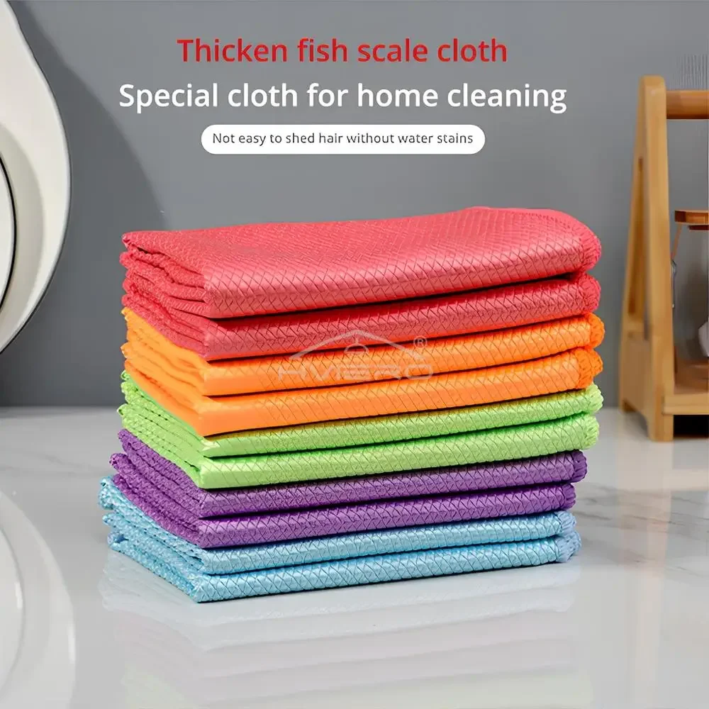 5PCS Microfiber Checkered Fish Scales Towel Non Stick Oil Absorbent For Windows Kitchen Polishing Reusable Glass Cleaning Cloth