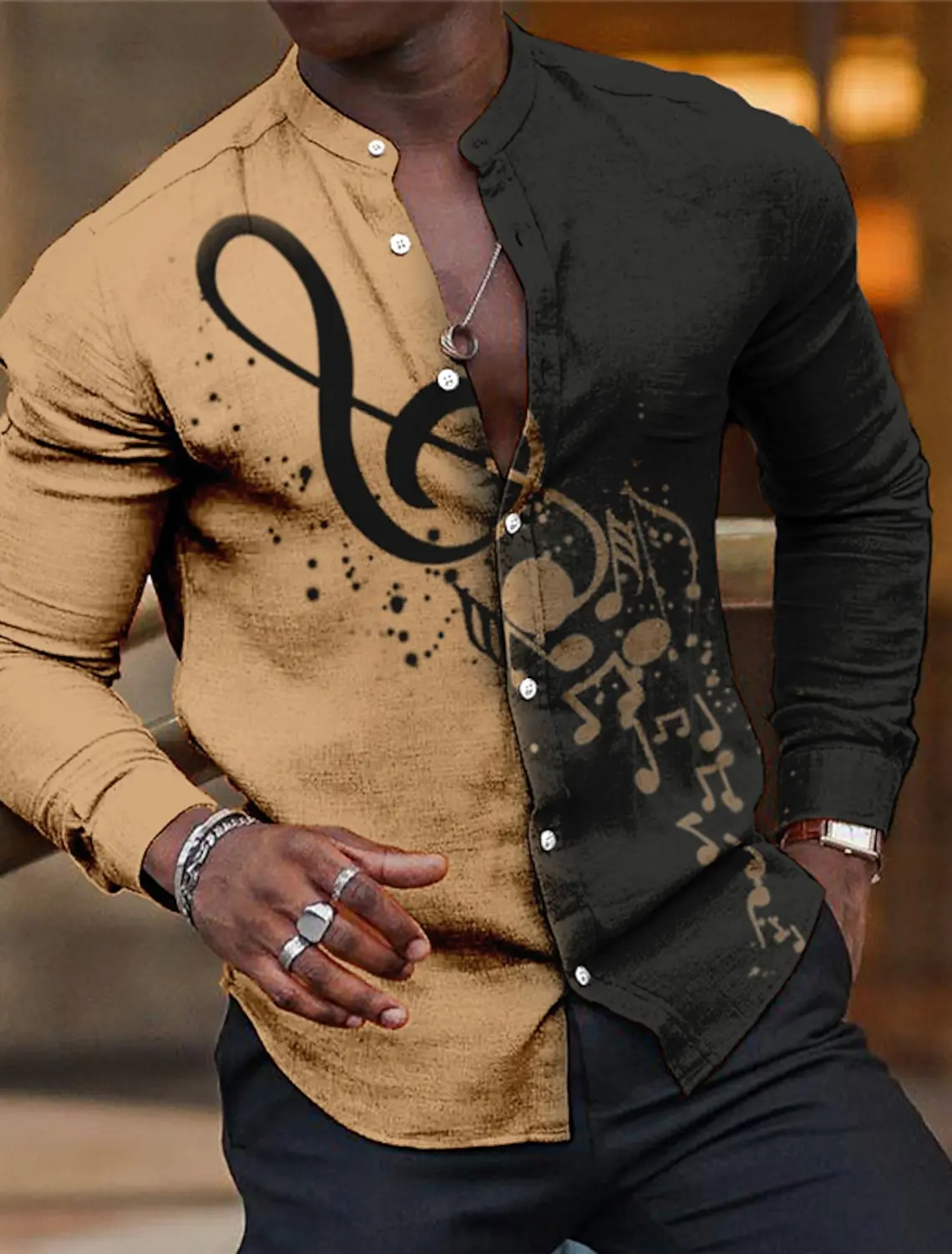 Men's Shirt Graphic Prints Music Notes Outdoor Street Long Sleeve Print Clothing Apparel Fashion Streetwear Designer Casual