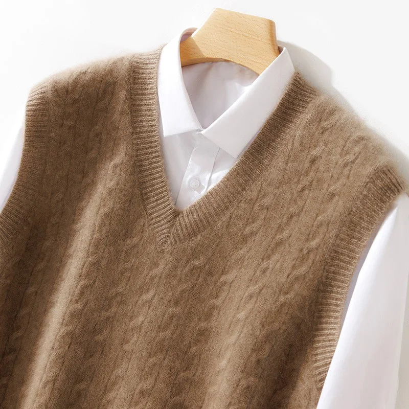 Men Pure Wool Waistcoat Sleeveless Sweater V-neck Pullover Knitwear 100% Merino Wool Knitted Autumn Winter Twist Flower Vest