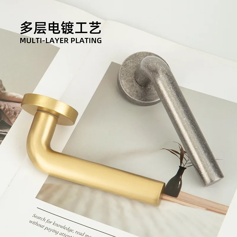 All-copper Medieval Magnetic Silent Door Lock, Minimalist Ancient Silver Offset Handle