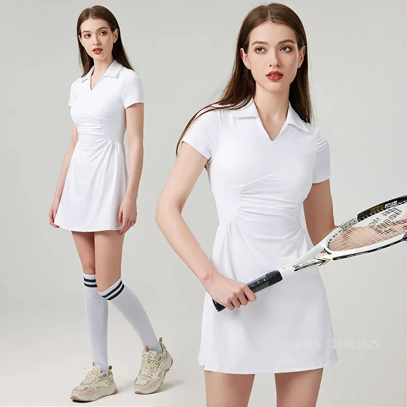 

SharpStar Tennis Dress With Shorts V-Neck Breathable Outdoor Sports Dress Slim Pleated Badminton Skorts Workout Gym Dress