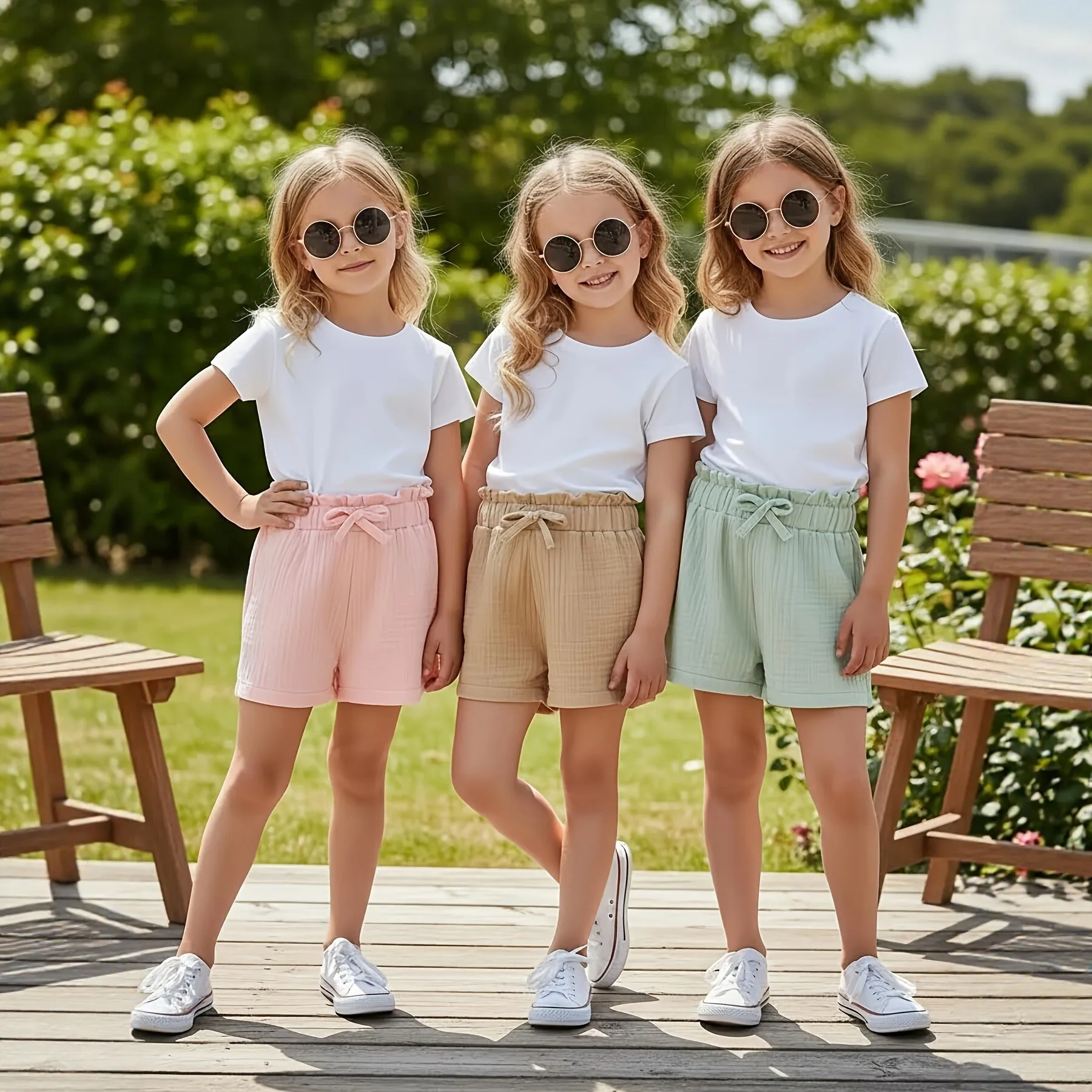 Somenie Girls Summer Cotton Linen Shorts Loose Mid Rise Solid Color Breathable Gauze Casual Kids Pants For Summer Daily Wear