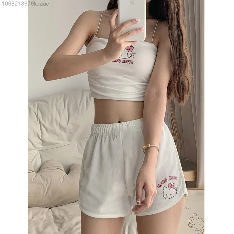 Sanrio Hello Kitty New Summer Cartoon Sleepwear Y2k Spicy Gir Student Camisole Shorts Home Clothes Sweet Cute Fashion Pajamas