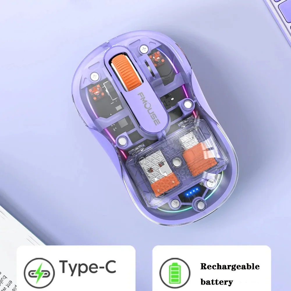 Transparent Rechargeable Wireless Mouse 3 Mode Bluetooth 2.4G Type-C Luminous RGB Silent Ergonomic Magnetic Mice For Laptop PC