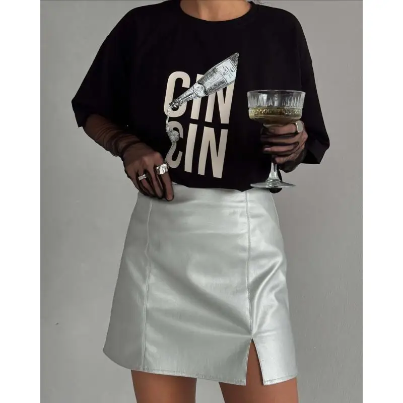 الأمريكية الرجعية خطابات بسيطة المرأة المطبوعة تي شيرت Ins القطن الخالص العصرية زوجين جولة الرقبة الشارع الملابس قصيرة الأكمام قمم