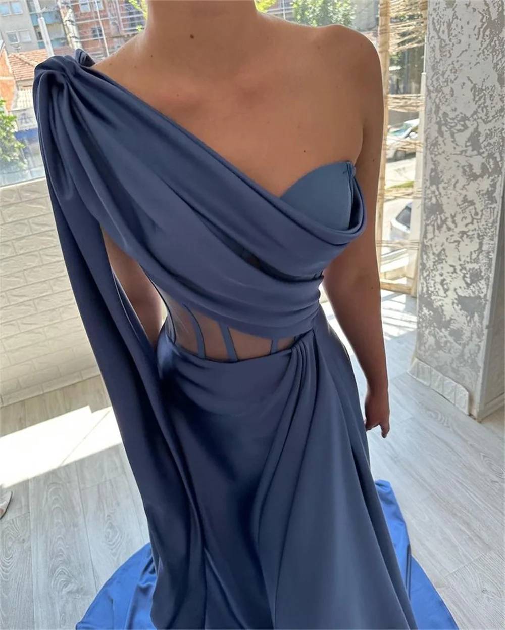 Amanda Blue One Shoulder vestidos de noche A-line Satin Prom Dresses Elegant Sleeveless Floor-Length Side Split Formal Evening