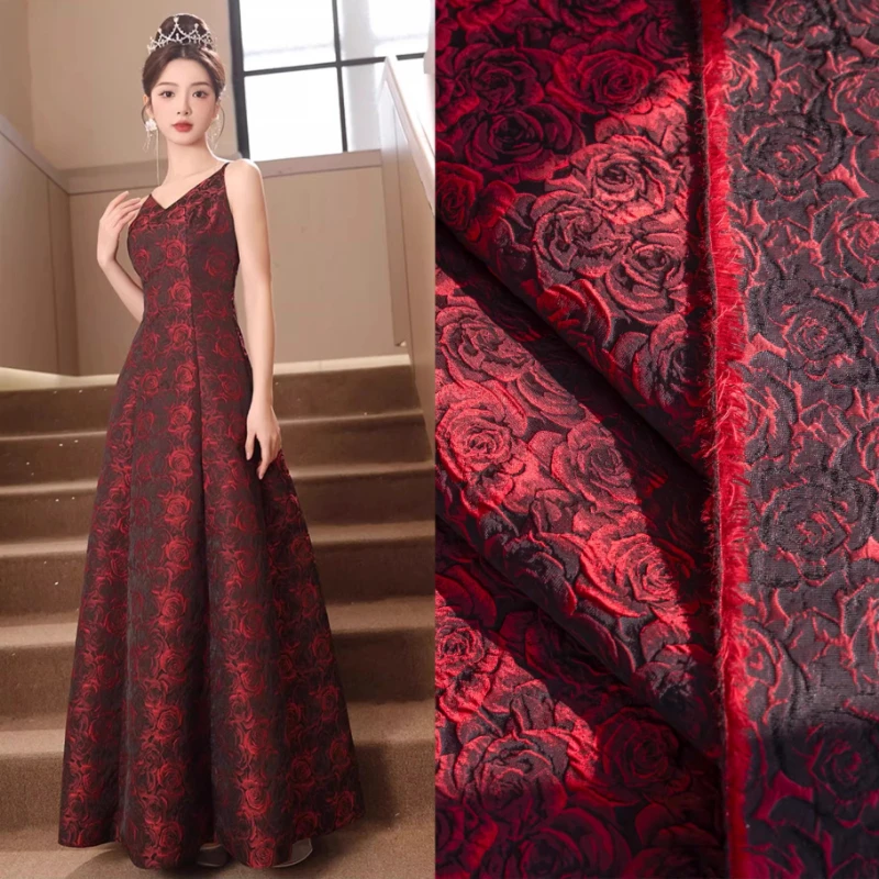 

Black Red Rose Yarn Dyed Jacquard Fabric Fashion Clothing Designer for Diy Sewing Dress Cloth Material By The Meter