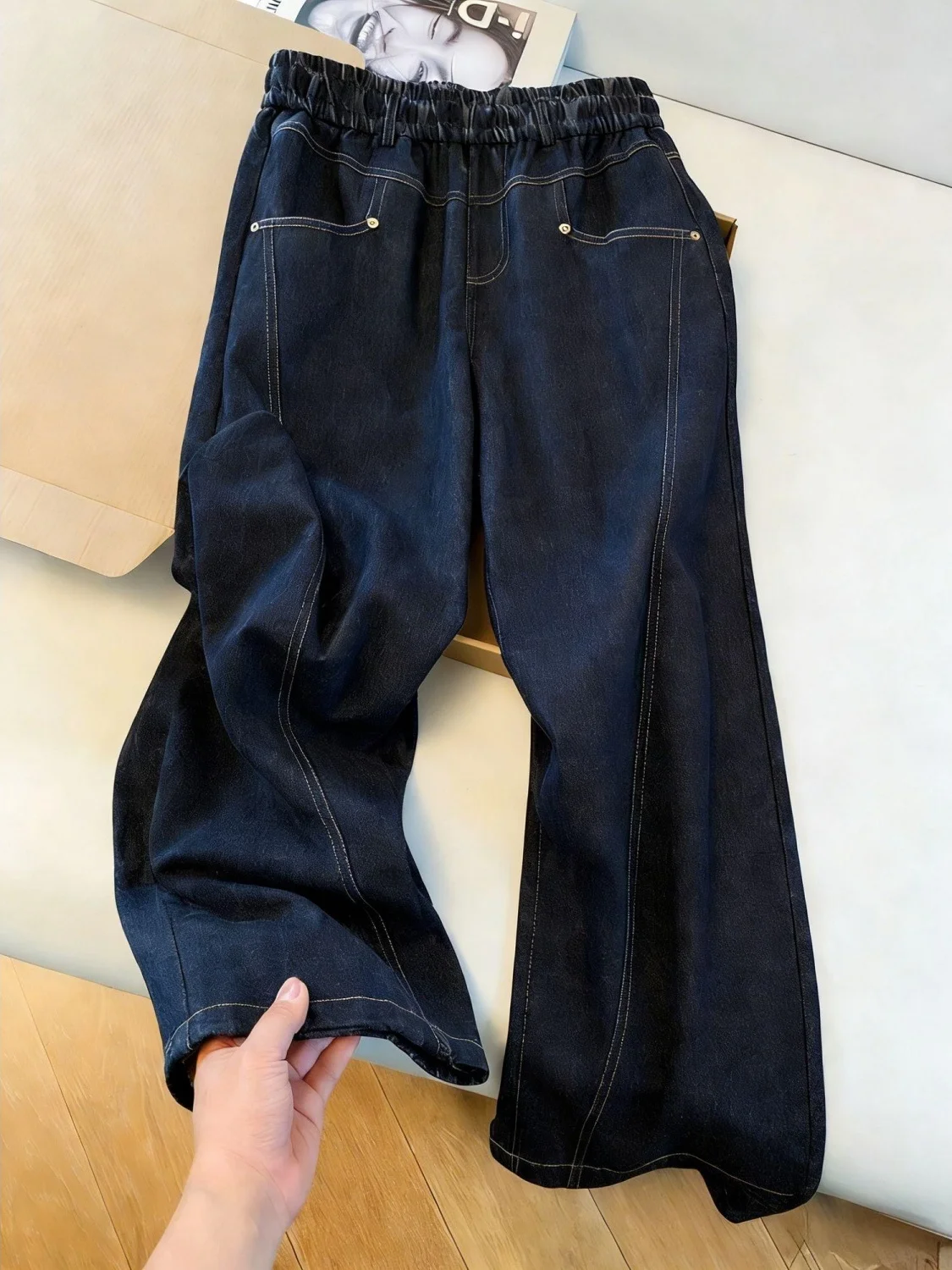 

Deep Blue Loose Fit Elastic Waist Denim Jeans Women's plus Size Spring New Style Slimming Wide Leg Pants High Waist Decorativ...
