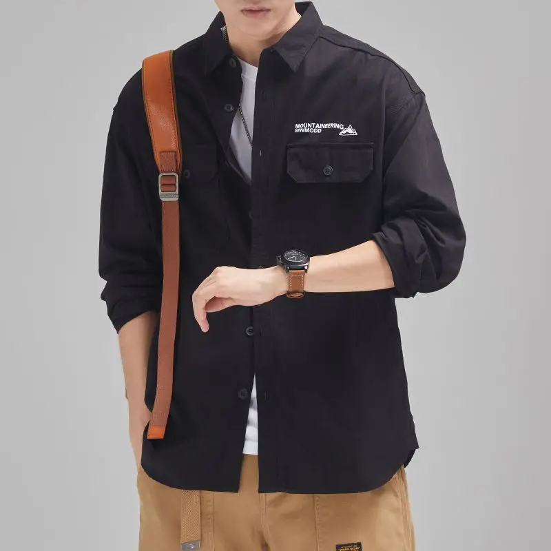Men Clothing Spring Autumn Trendy Japanese Style Vintage Workwear Shirt Male Casual Letter Print Pockets Long Sleeve Loose Tops
