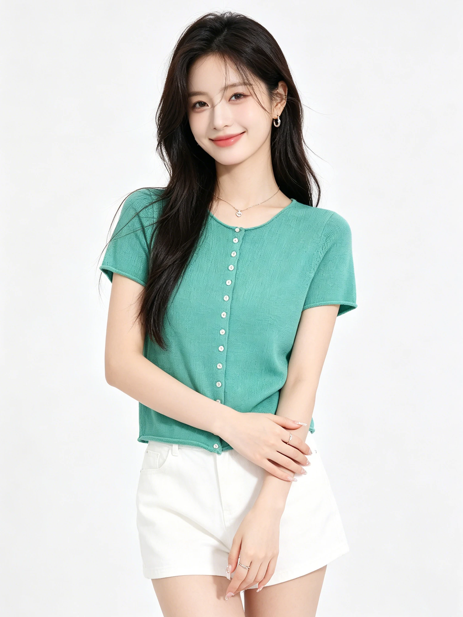 Unique Knitted Short Sleeve T-Shirt Women's Summer Cotton Roll  Pure Cotton Open Cardigan Top Korean Style V-neck Short L...