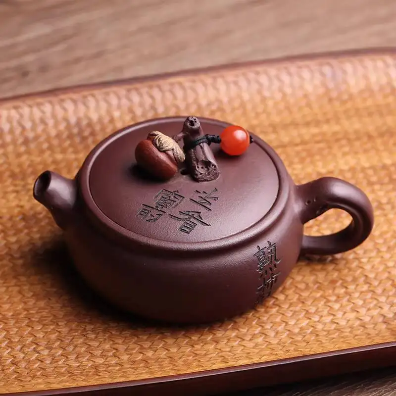 Yixing Purple Clay Pot, Imitation Ripe Persimmon Red, Purely Handmade By Famous Artists, Small Pot For Brewing Tea, Large Mouth