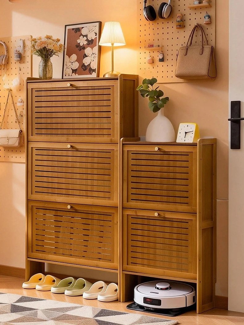 Minimaal ultradunne houten schoenenkast, moderne multi-laagse opklapbare schoenenrek, bamboe schuifdeur wandkast - afbeelding 2