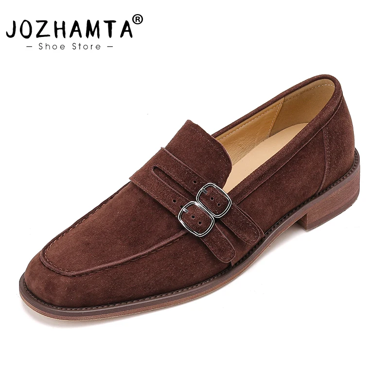 JOZHAMTA Casual Loafers Shoes For Women Suede Real Leather Buckle Vintage Thick Low Heels Shoes Classic Office Lady Size 34-40