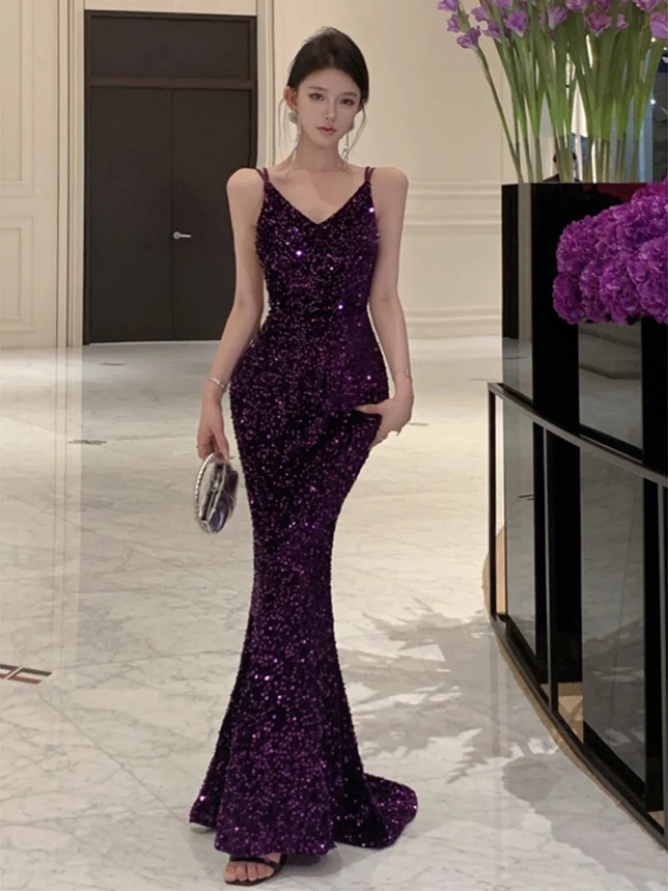 

Temperament Elegant Slip Backless Long Dress Women Vintage New Summer Purple Sequin V-Neck Sleeveless Birthday Party Dress