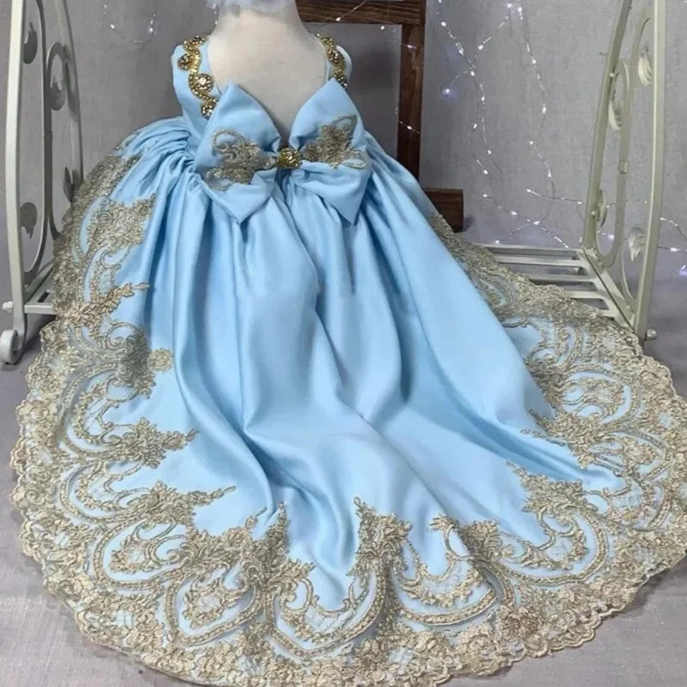 Vestido luxuoso de flor para meninas, casamento, renda, apliques, miçangas, laço, crianças, mangas curtas, festa de aniversário, primeira comunhão, vestido de dama de honra