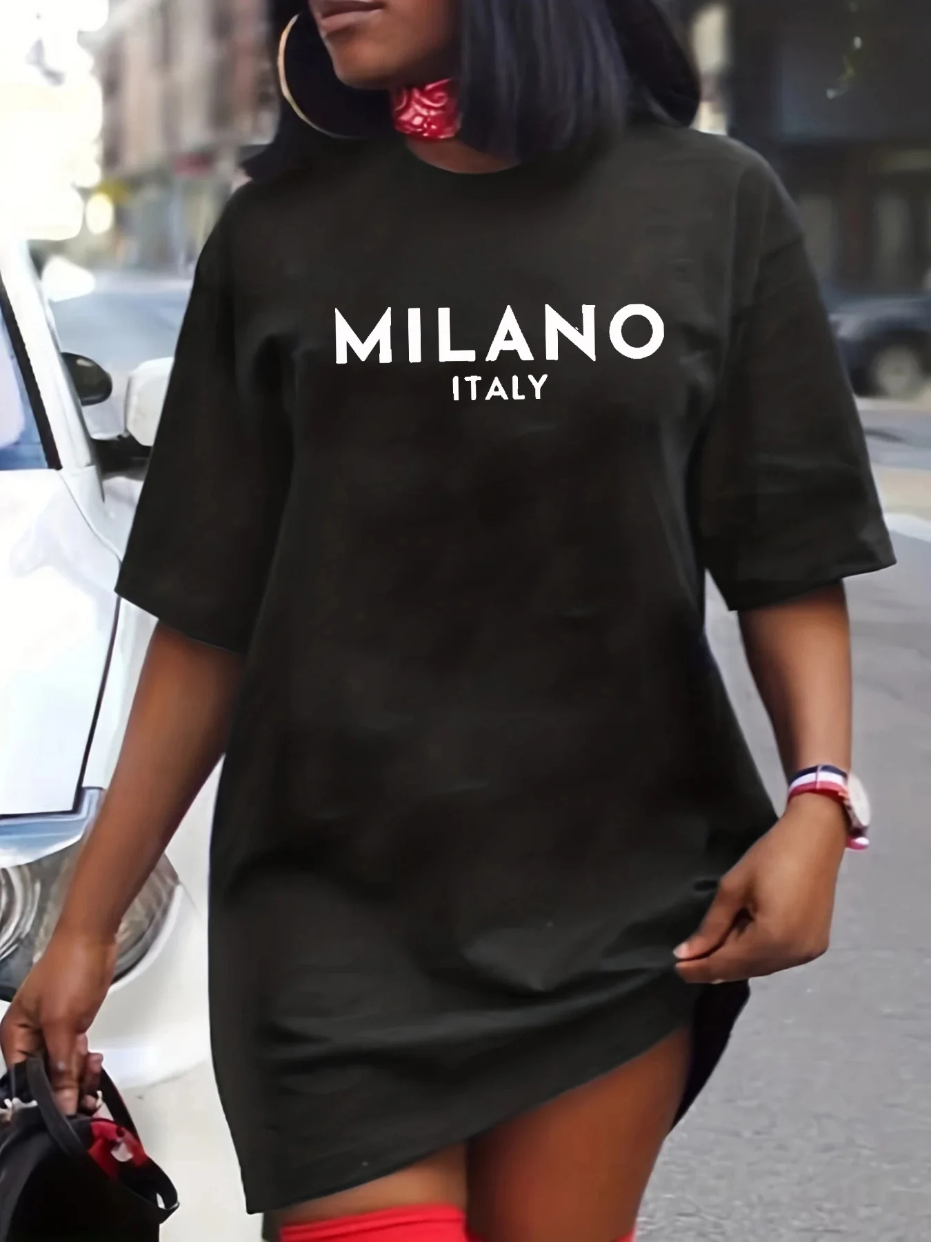 여성용 봄 여름 패셔너블 캐주얼 루즈 MILANO ITALIA 레터 프린트 라운드 넥 반팔 티셔츠 드레스