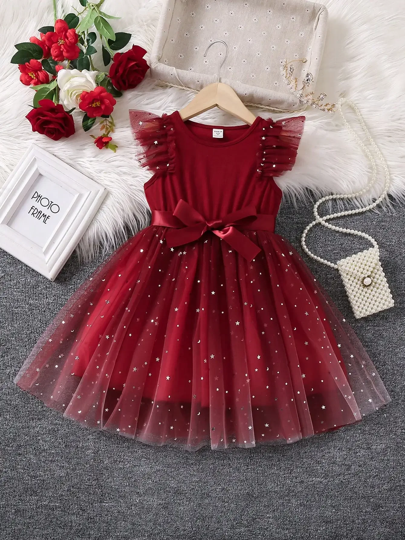 

Kids Young Girl's Star Mesh Belted Dress