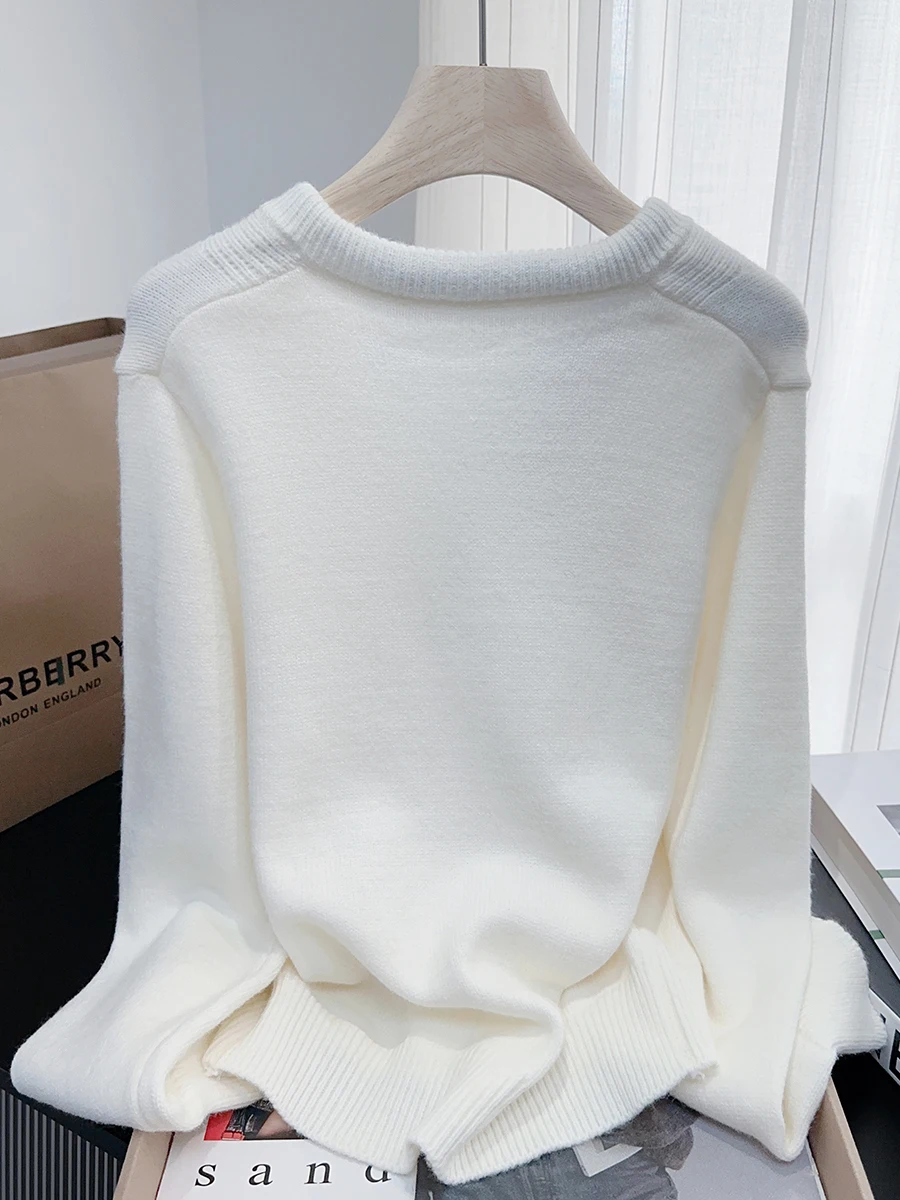 سترة كورية Sle V-Ne مع وشاح حريري فضفاض طويل Sve سترة نسائية حلوة وعصرية بيضاء للخريف والشتاء تريكو #5