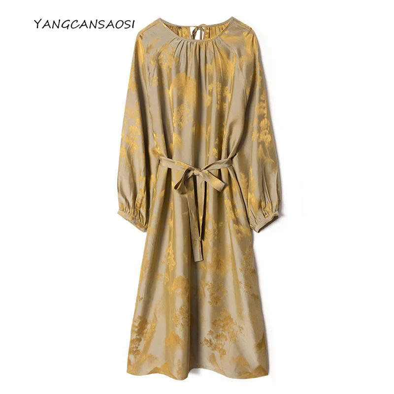 

2025 Women's Fashion Spring/Autumn New Peak Tree Printed Belt Design 70% Natural Mulberry Silk Round Neck Long Sleeve Dress