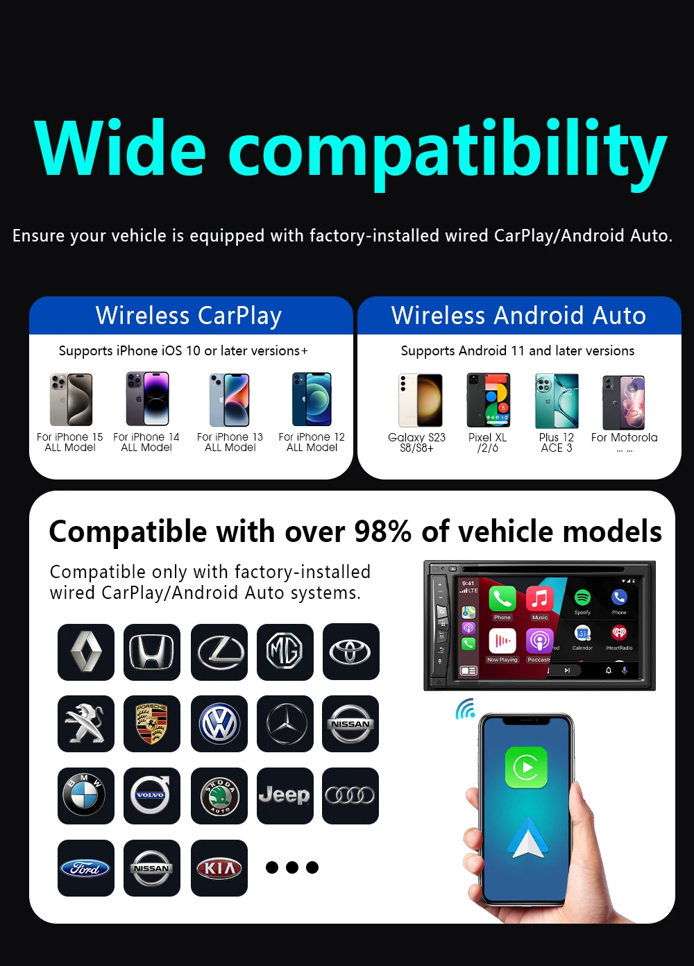 2026 Upgrade 4-in-1 Kabelgebundener zu Kabelloser CarPlay Android Auto Adapter mit Bildschirmspiegelung iOS CarPlay/Android Auto/Mirroring – Detail 6