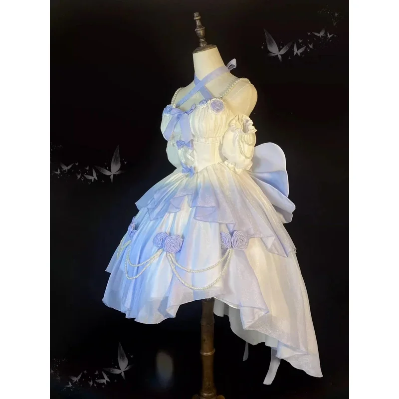 Gaun Pengantin Lolita Pendek Depan Panjang Belakang Berongga Bunga Biru Muda Gradien SS23 Berkilauan Halus Luo Pengpeng Heavy Industry