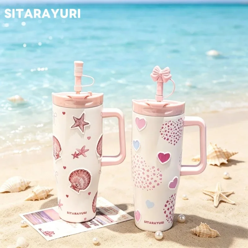 SITARAYURI Pearl Decoration Thermos Cup Stainless Steel Insulated Cup with Straw＆Handle Summer Ice Bucket Cups Portable Car Cup