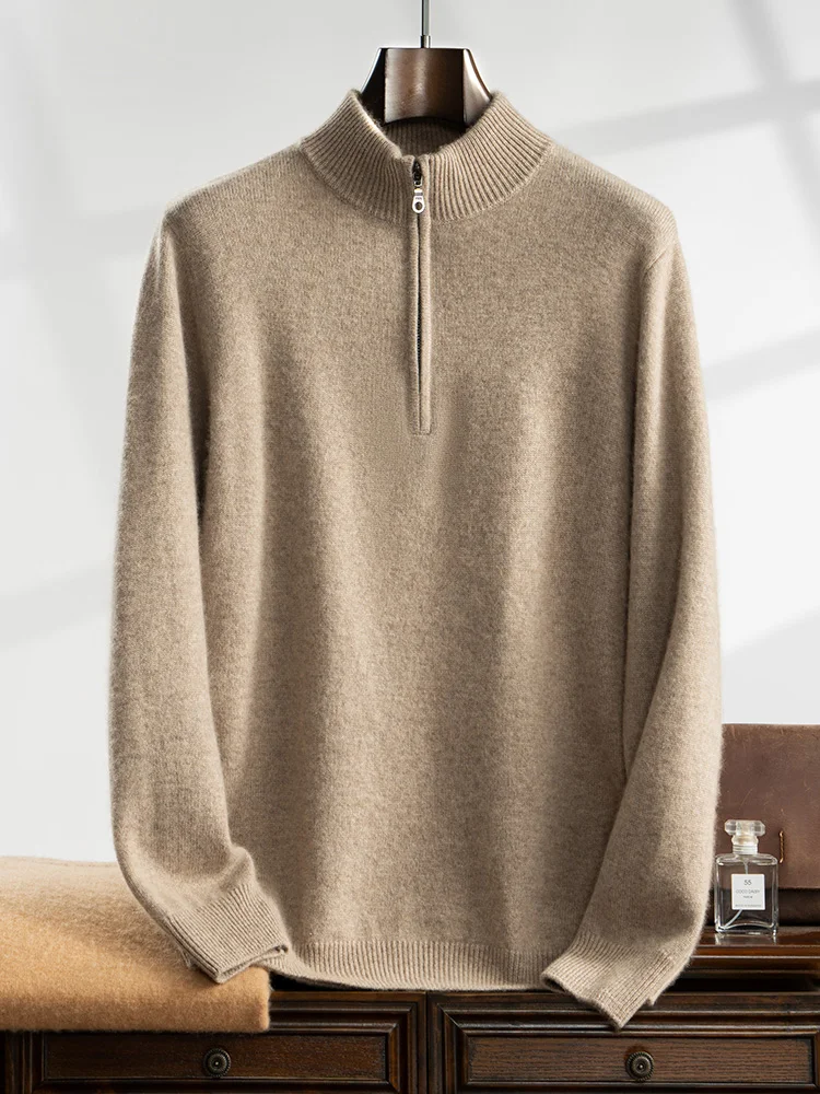 High-end Men's 100% Cashmere Sweater Mock Neck Zipper Pullover Autumn Winter Long Sleeve Cashmere Knitwear Smart Casual Clothing