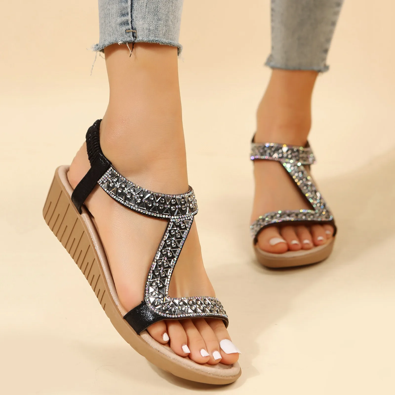 Sports Slide Sandals Ladies Ethnic Summer Rhinestone Decorative Slope Heel Thick Sole Fashion Sandals For Women Flat Size 6