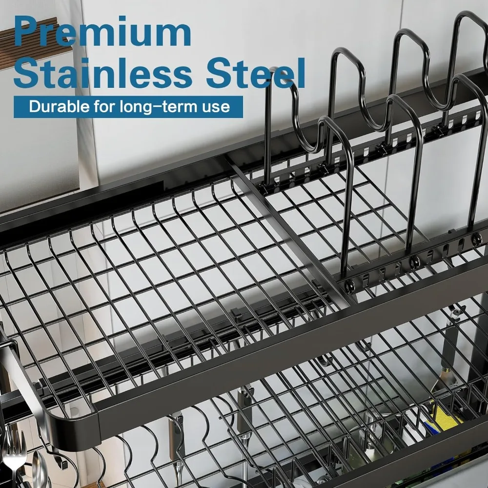 3 Tier Full Stainless Steel Over Sink Dish Drying Rack Adjustable Length Multifunctional Kitchen Sink Drying Rack for Counter